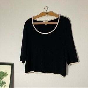 St. John black wool blend knit top w/ white edge
